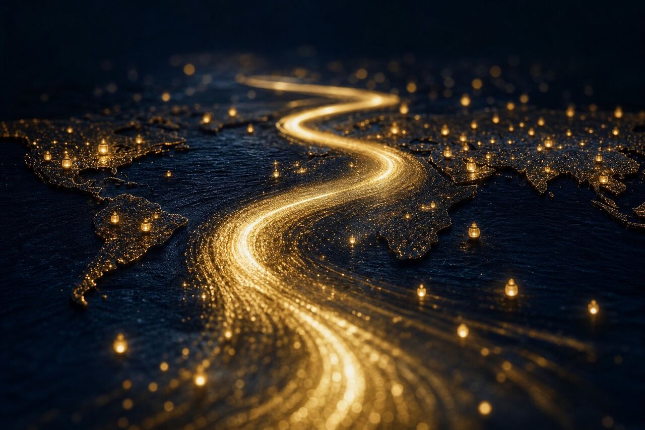 A gold path of light across a dark map — the student journey